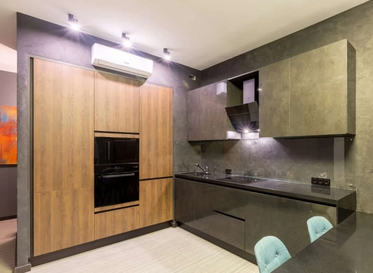 Кухня на заказ со шпонированными  фасадами  и фасадами  Alvic Pearl Effect Базальт